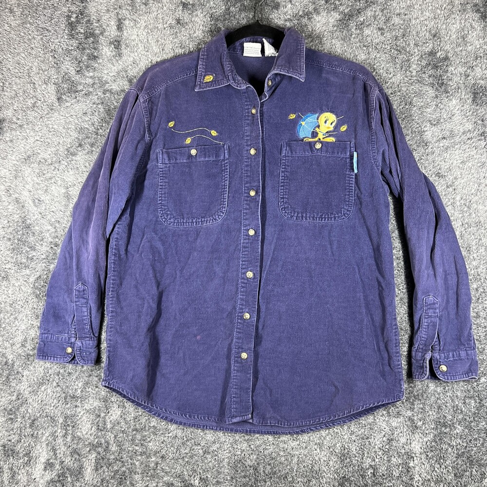 Vintage Looney Tunes Shirt Womens Small Purple Corduroy Button-Up Tweety 2000s